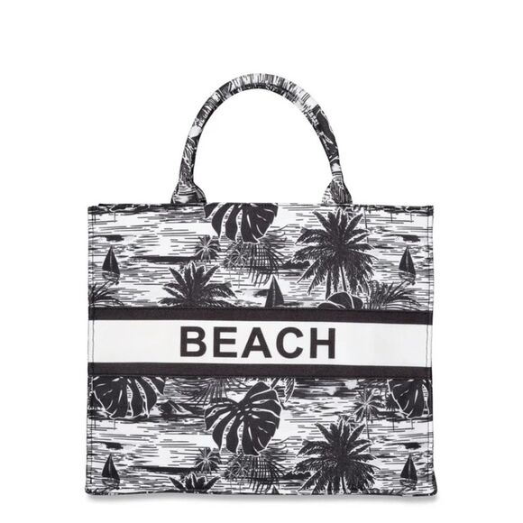 London Fog Beach Canvas Tote Bag - Black & White Tropical Palm NEW Ltd Edition - Picture 4 of 12